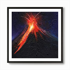 Eruption - volcano painting hand painted acrylic square blue black fire flame red impressionism Art Print