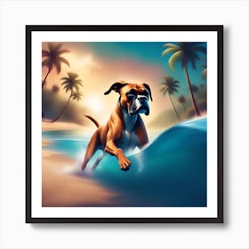 A dog boxer swimming in beach and palm trees Art Print