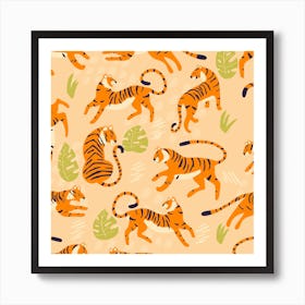 Tiger Pattern On Beige With Green Tropical Leaves Square Art Print