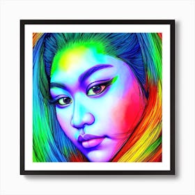 Asian Girl With Rainbow Hair Art Print