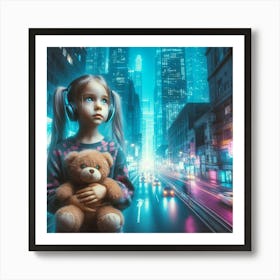 Little Girl With Headphones And Teddy Bear Art Print