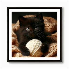 Black Kitten With A Ball Of Yarn Affiche