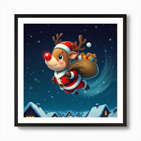 Reindeer Flying In The Sky in santa costumes, with a sack of Christmas presents, in a starry night Art Print