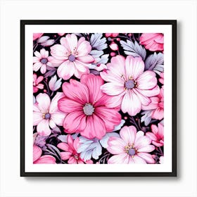 Floral Fantasia A Vibrant Pattern Bursting With Baby Pink White Flowers Perfect For Those Pink Flowers On Black Background Art Print