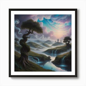 A Dreamlike Scenery Of Surreal Landscapes, Where Rolling Hills And Twisted Trees Stretch Towards A Sky With Swirling Clouds Of Iridescent Blues And Purples, Like A Dalíesque Painting Come To Life 3 Art Print