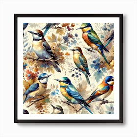 Birds On Branches Seamless Pattern Art Print