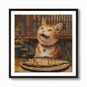 Cat With Fish Art Print