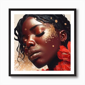 Black Woman With Red Flowers Art Print