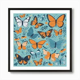 Butterflies On A Blue Background Art Print