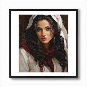 Woman 2. Hijab 3. Necklace 4. Wooden door 5. Brown frame 6. Long hair 7. Dark hair 8. White and red colors....... beautiful woman with long, dark hair, wearing a white and red headscarf and a red necklace. She is standing in front of a wooden door with a brown frame. Art Print