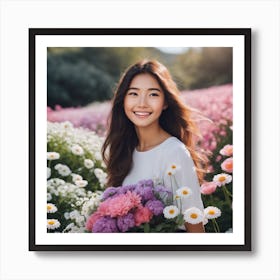 Beautiful Asian Woman In A Flower Field Art Print