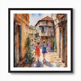 Two girls walking down a street Art Print