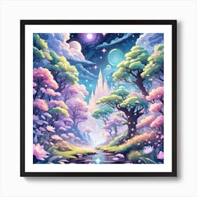 A Fantasy Forest With Twinkling Stars In Pastel Tone Square Composition 411 Art Print