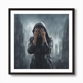 Freedom Monumen Crying With Her Hands Covering Her Face, Raining Outside, City Background, Hyper Rea Art Print