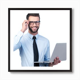 Businessman With Laptop On White Background Art Print