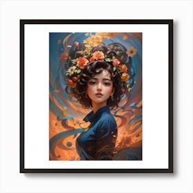 (2)The image depicts a woman with dark hair and a flower wreath on her head. She is wearing a blue shirt and has a thoughtful expression on her face. The background features a swirling pattern of orange and blue colors. Art Print