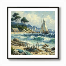 Sailboats On The Beach, Acrylic Painting Style 3 Art Print