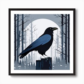 Crow In The Woods, Raven In The Forest, crow, crow in forest, crow in dark forest, bird in dark forest, black and grey, crow in moon Art Print