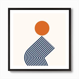 Modern Geometric Lines Sun Rainbow Balance Abstract in Navy Blue and Orange 1 Art Print