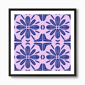 Blue and Lilac Floral Tile Pattern Art Print