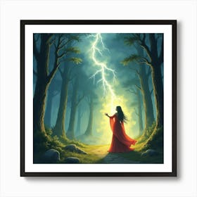 Sorceress Summoning A Magical Storm In A Glowing Forest, Watercolor Tone 1 Art Print