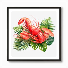 Red Lobster With Tropical Leaves Art Print