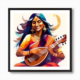 In An Oil Painting The Vibrant Essence Of A Joyous Indian Woman Playing The Sitar With Profound Enthusiasm Is Beautifully Depicted The Artwork Showcases The Woman In Meticulous Detail Exuding Pure 1 Poster