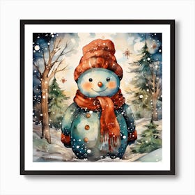Watercolor Snowman In The Forest Art Print