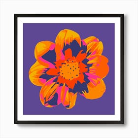 COSMIC COSMOS Single Abstract Floral Summer Bright Flower in Fuchsia Pink Orange Yellow on Purple Art Print