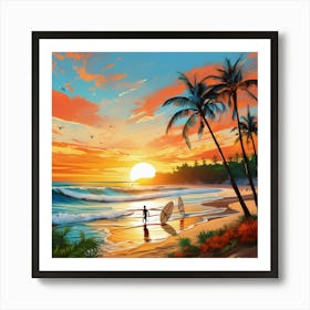 Surfers At Sunset Art Print