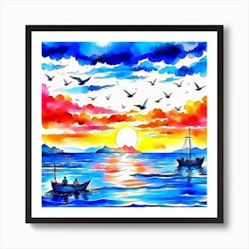 Watercolor Landscape View For Ocean At The Sunset And Birds Are Flying In A Blue Sky And A Small Boat Art Print
