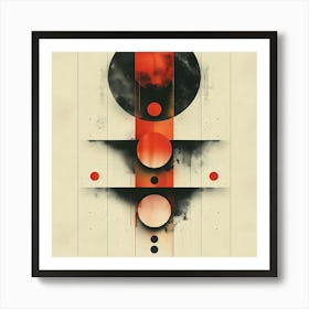 Abstract Geometric Art With Red And Black Circles Vertical Lines And Grunge Textures On Beige Background Art Print