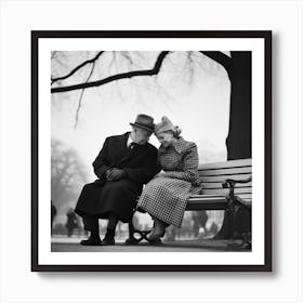 Loving old couple Sitting On Park Bench Art Print