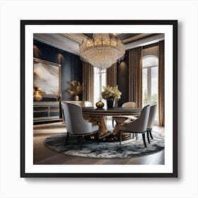 Dining Room With A Chandelier Art Print