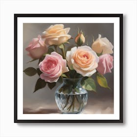 An Oil Painting Featuring A Bouquet Of Vintage Roses In A Crystal Vase Capturing Art Print