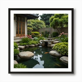 A Tranquil Garden With A Koi Pond, Blooming Flowers, And A Stone Lantern Art Print