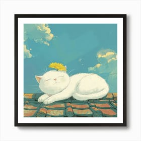 White Cat Sleeping On Roof 1 Art Print