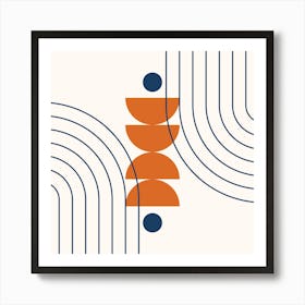 Modern Mid Century Sun, Moon Phases and Rainbow Abstract 38 in Navy Blue and Burnt Orange Art Print