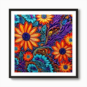 Colorful Floral Painting Psychedelic Flower, Paisley Explosion A Vibrant Tapestry With A Dense Paisley Pattern Use A Variety Of Colors Art Print