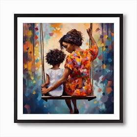 Mother And Daughter Swinging Art Print