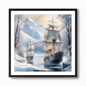 Winter Frozeen ships vikings art Watercolor Art Print