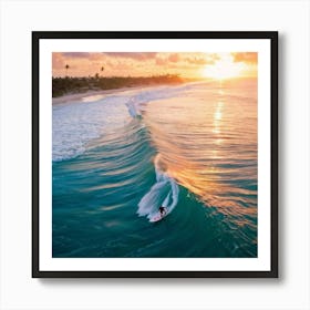 Aerial Photography Capturing A Surfer Amidst Azure Waves Tropical Beach In The Background Palm Tre (1) Art Print