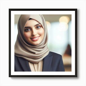 A young, beautiful, and confident woman wearing a hijab smiles at the camera. She is wearing a suit and has her hair covered. The background is blurred, and the woman is in focus. The photo is taken at a close-up angle, and the woman's expression is one of happiness and contentment. Art Print
