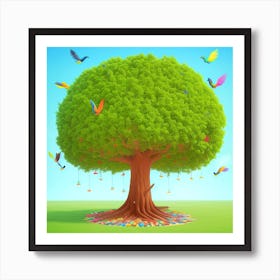 Colorful Tree With Birds Art Print