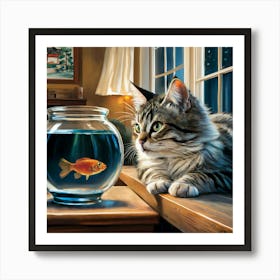 Goldfish and cat Art Print