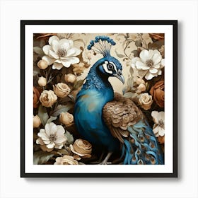 Floral Blue Brown Peacock Art Print 2 Art Print