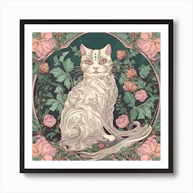 William Morris  Inspired  Classic Cats With Stars Sage And Pink Square Art Print