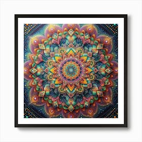 A vibrant diamond painting of a complex Mandala, with a mesmerizing interplay of light and shadow between the different colored diamonds Art Print