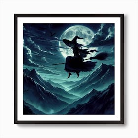 Witch Flying In The Night Sky Art Print