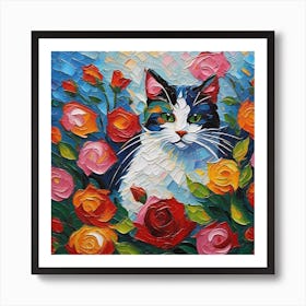 Cat With Roses 1 Art Print